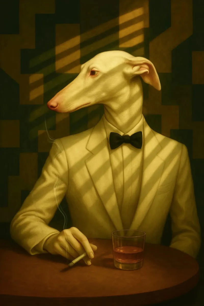 Casablanca Greyhound – Surreal Dog Portrait in Cream Tuxedo pellicola backlit da Elegant Absurd