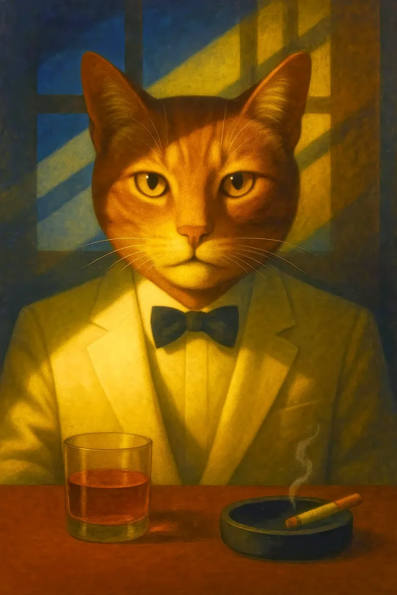 Casablanca Cat – Surreal Feline Portrait in Cream Tuxedo, No carta hahnemühle da Elegant Absurd