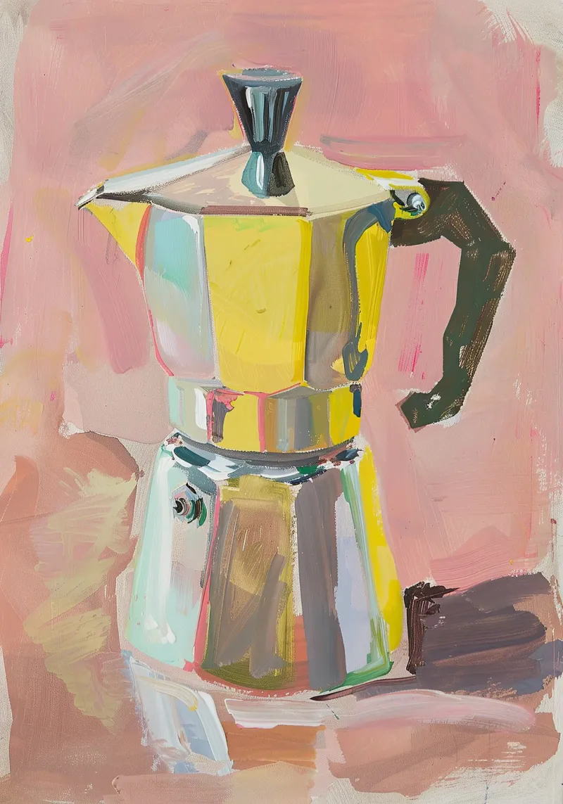 Caffè Espresso Fornello Pastello Olio Pittura Rosa Natura Morta poster con telaio in alluminio da Euphoria Theresa