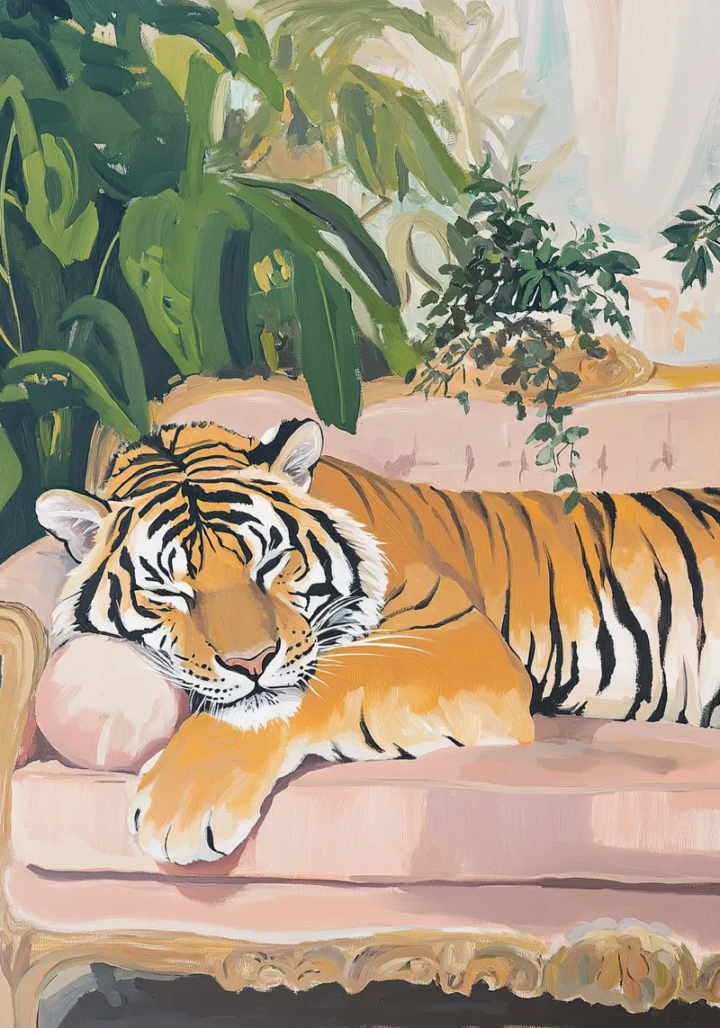 Tiger Sofa Pflanze Botanisch Rosa Ölgemälde Rosa Backlit Folie von Euphoria Theresa