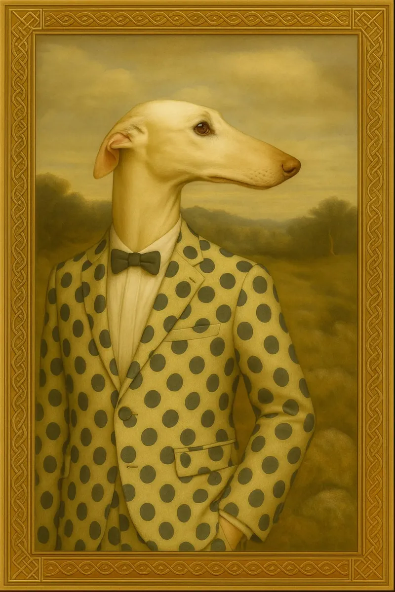 Dalmatian Greyhound – Surreal Dog Portrait in Polka-Dot Suit alluminio dibond da Elegant Absurd