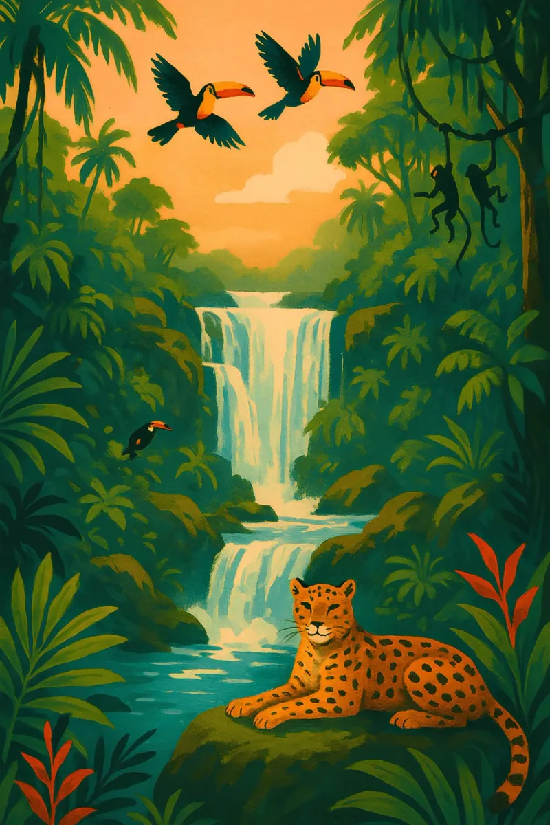 Junglecore Leopardo e Tucani | Cascata stilizzata Tropicale P carta hahnemühle da Bakara