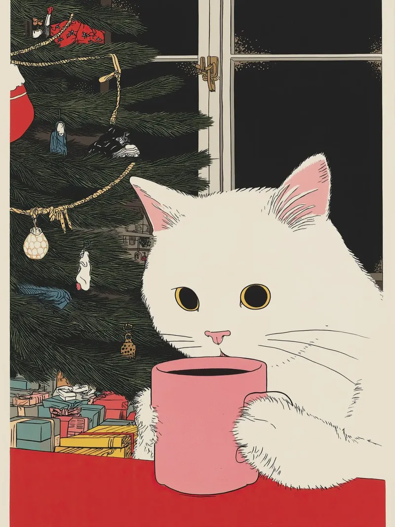 Questo è vino caldo? Gatto bianco e vino in tazza da caffè | Natale pellicola backlit da Kaji