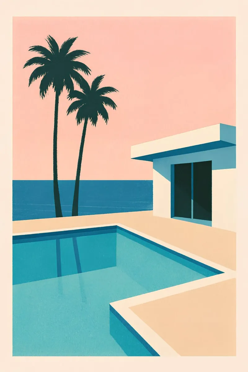 Stampa minimalista MCM Synthwave Poolside Palms | Pink Sky carta hahnemühle da Bakara