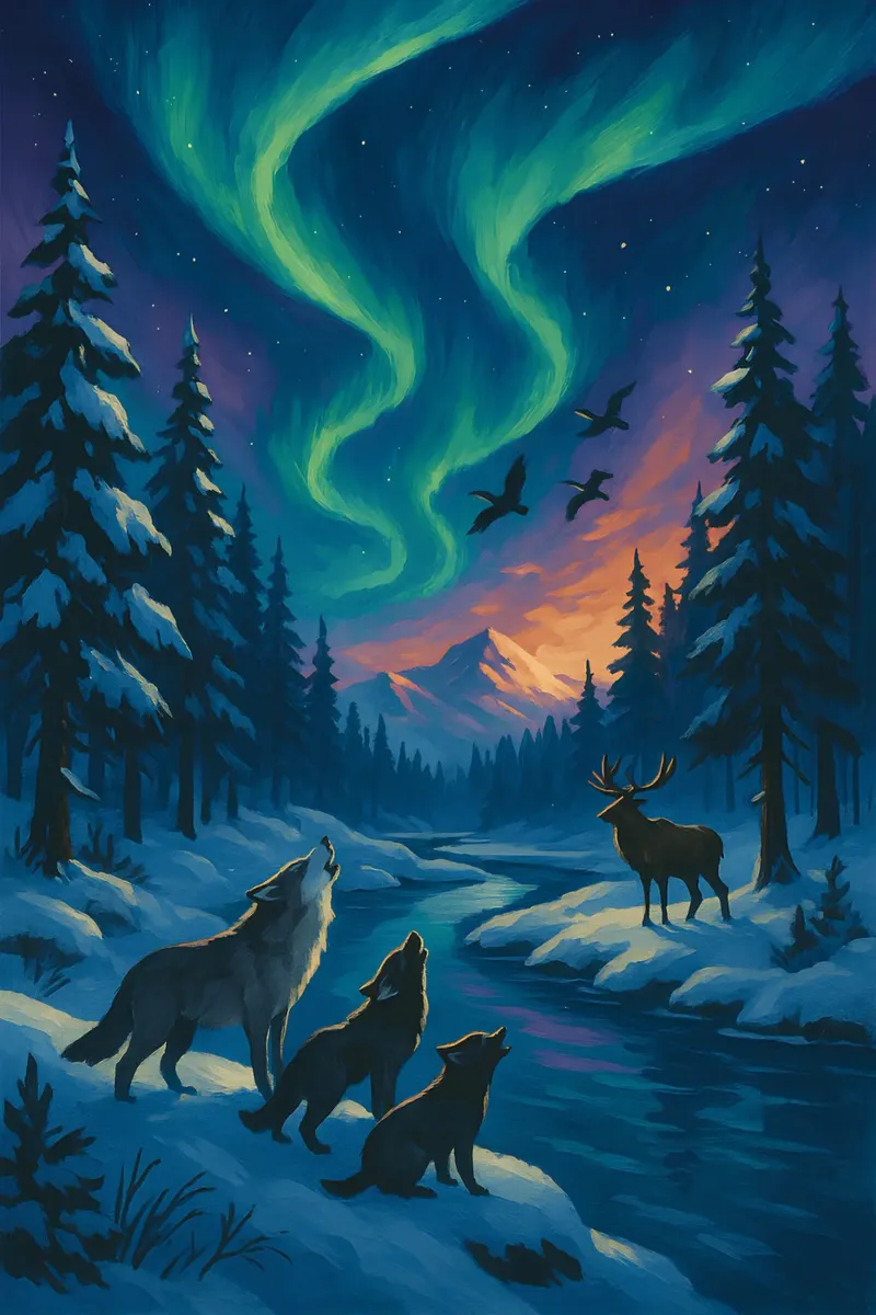Lupi urlanti Aurora | Magica foresta invernale Espressionismo plexiglass da Bakara