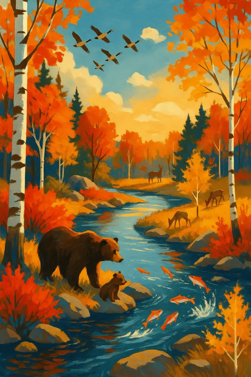 Otoño Salmon Run Bears | Expressionist Wilderness River Art hahnemühle de Bakara