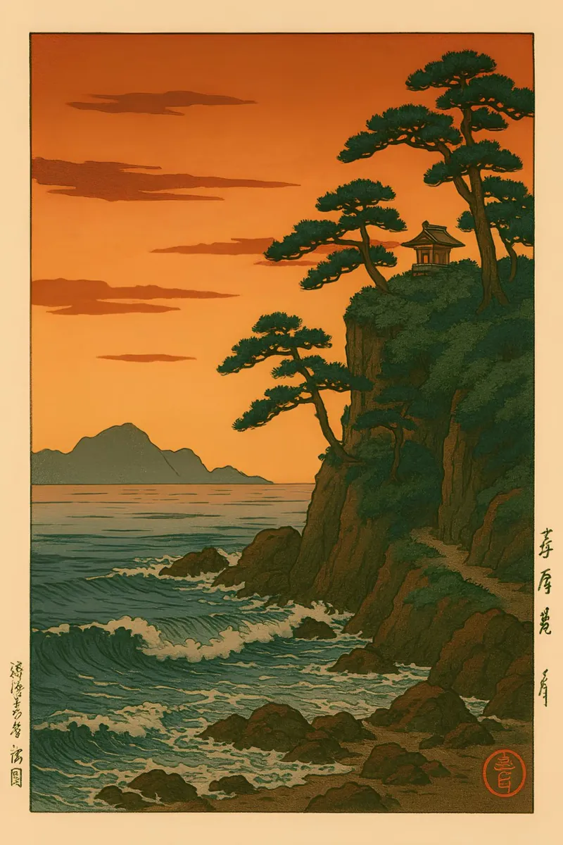 Cliffside Shrine Zonsondergang | Shin-hanga Kustgolven Print canvas van Bakara