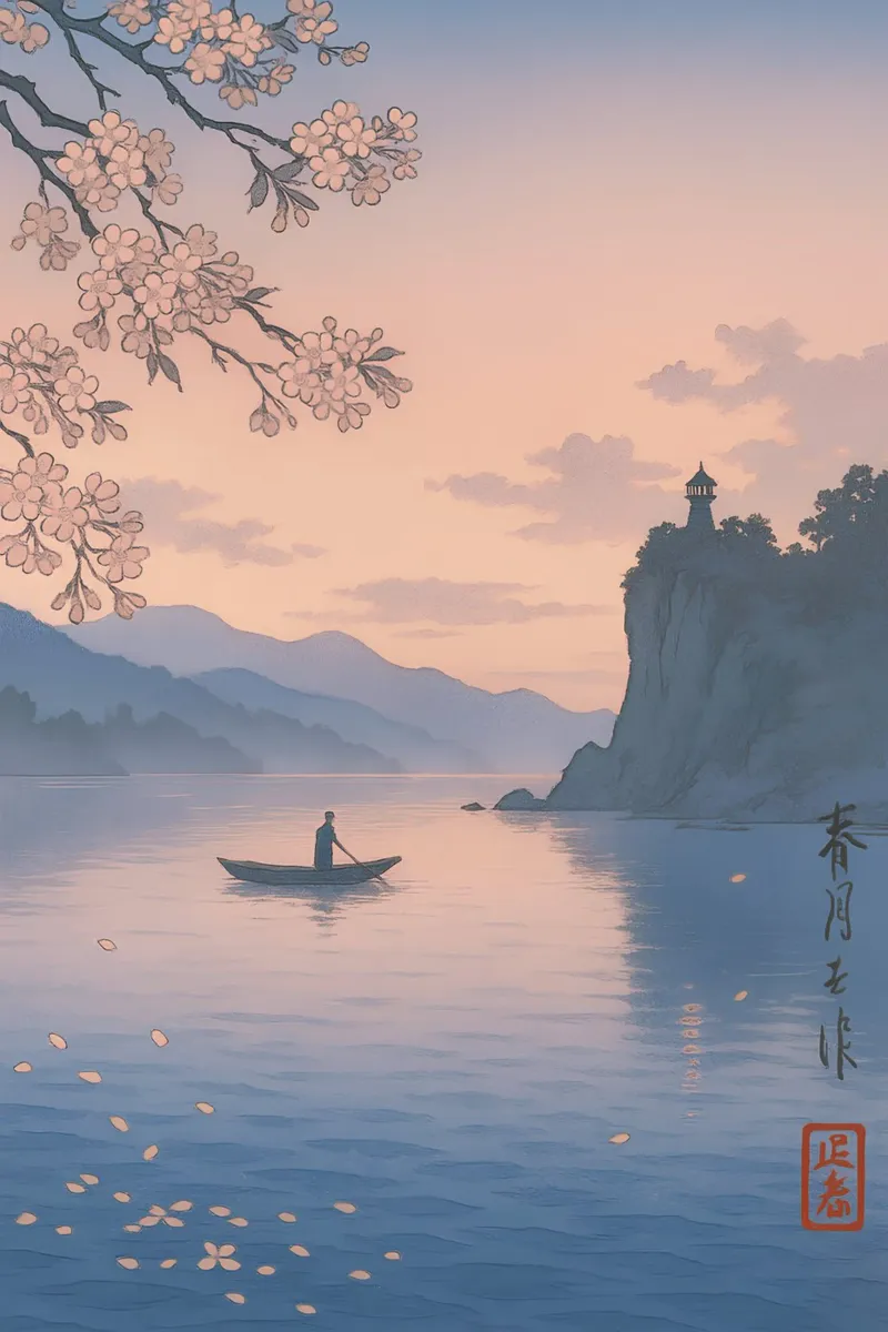 Sakura Roeiboot Schemering | Shin-hanga Kersenbloesem Print hahnemühle van Bakara