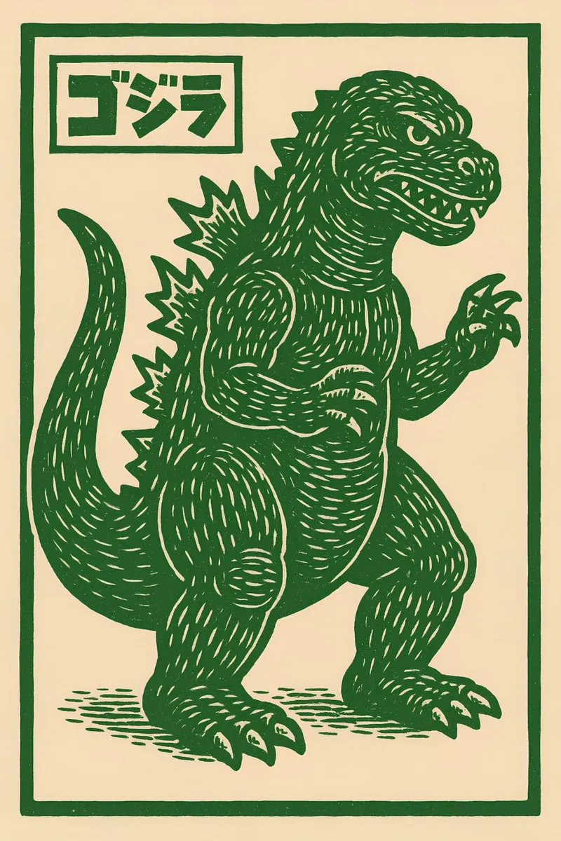 Stampa xilografica Godzilla Kaiju - Ukiyo-e Pop Art d'epoca alluminio dibond da Bakara
