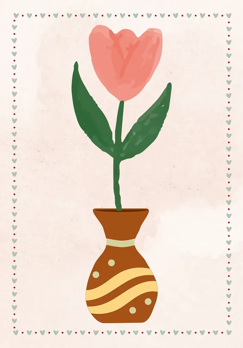 Ilustración de un tulipán rosa en un jarrón aluminio dibond de bazi
