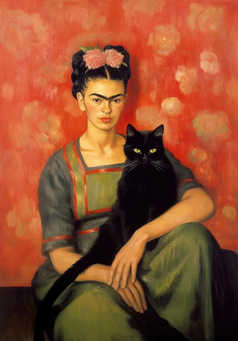 Ritratto di gatto Rosa Fiori Rossi Frida Kahlo poster con telaio in plastica da Euphoria Theresa