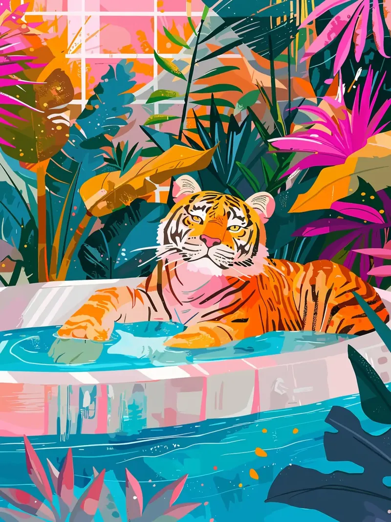 Tigre in piscina circondata dal fogliame alluminio dibond da PosterByFly