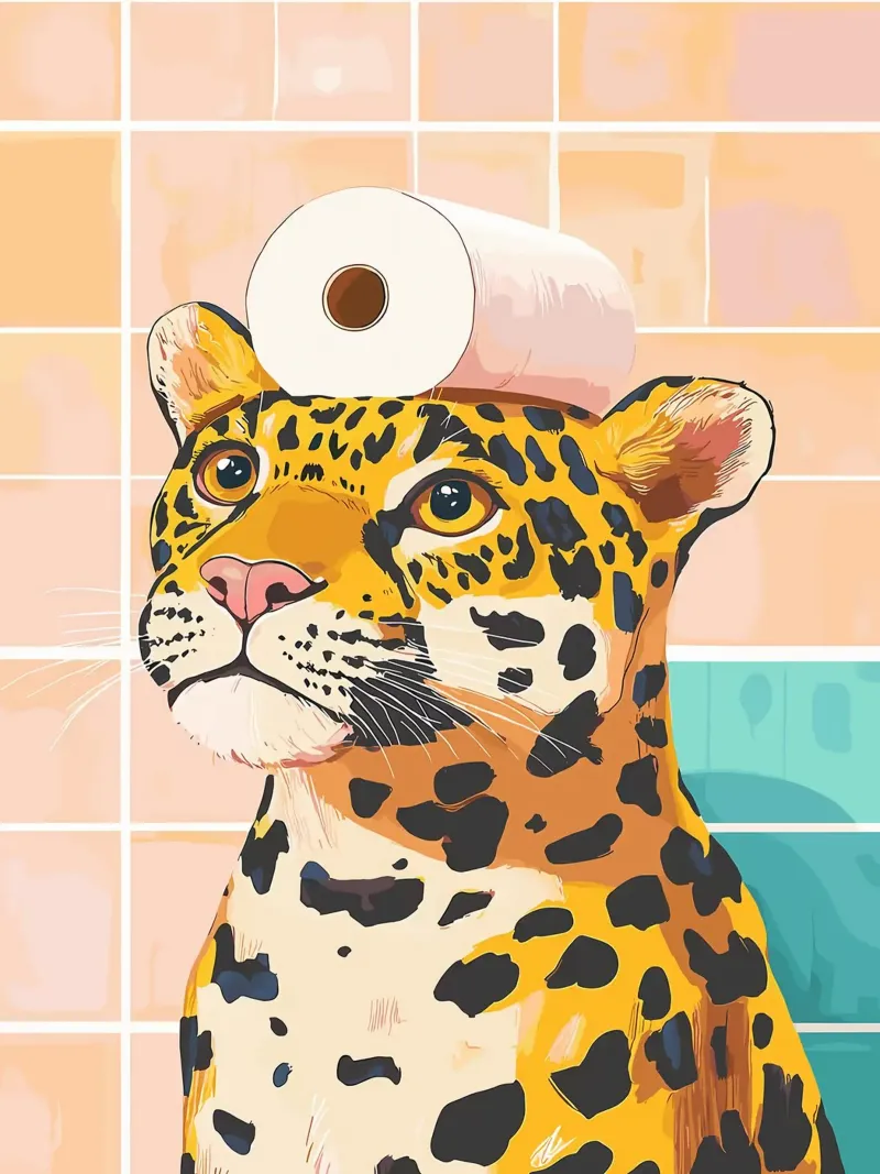 Leopardo con carta igienica in testa alluminio dibond da JoyWalkerShop