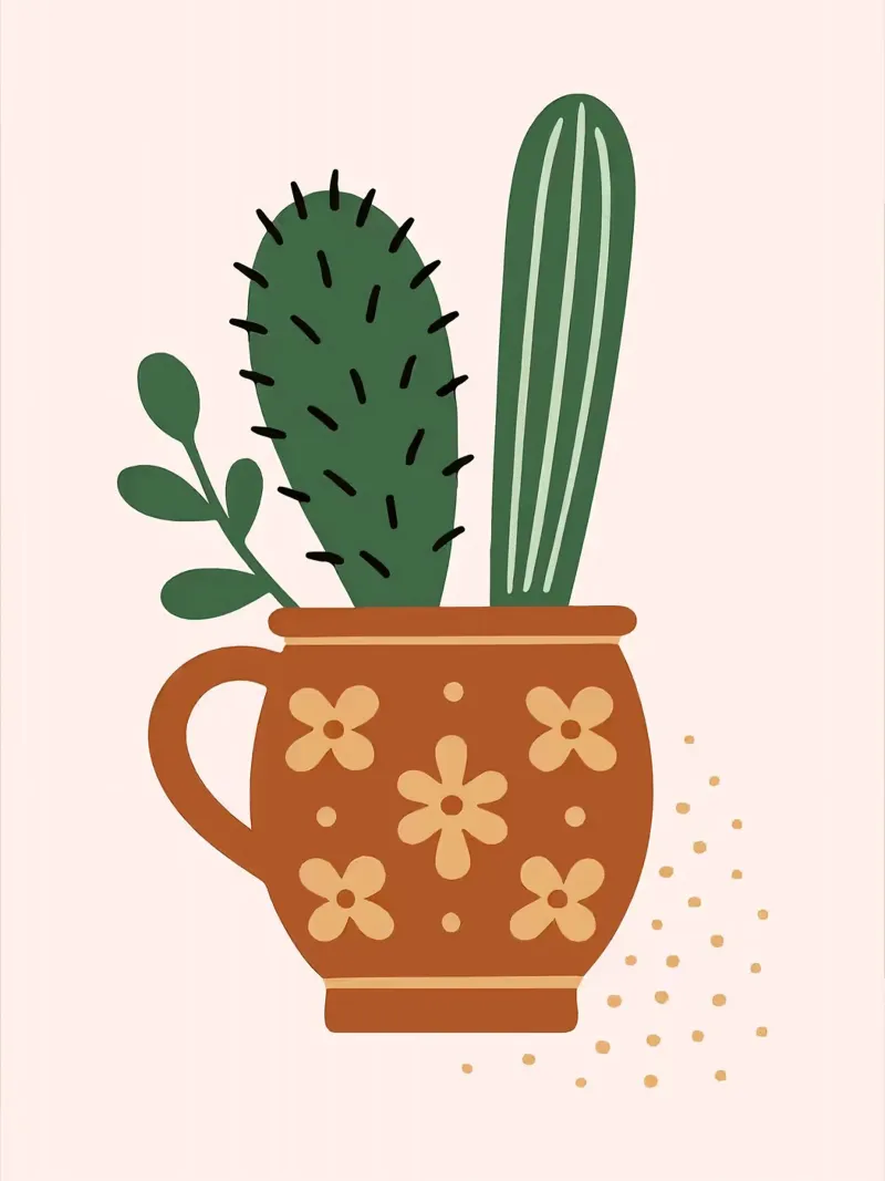 Ilustración de un cactus en una taza hahnemühle de Damion Francis