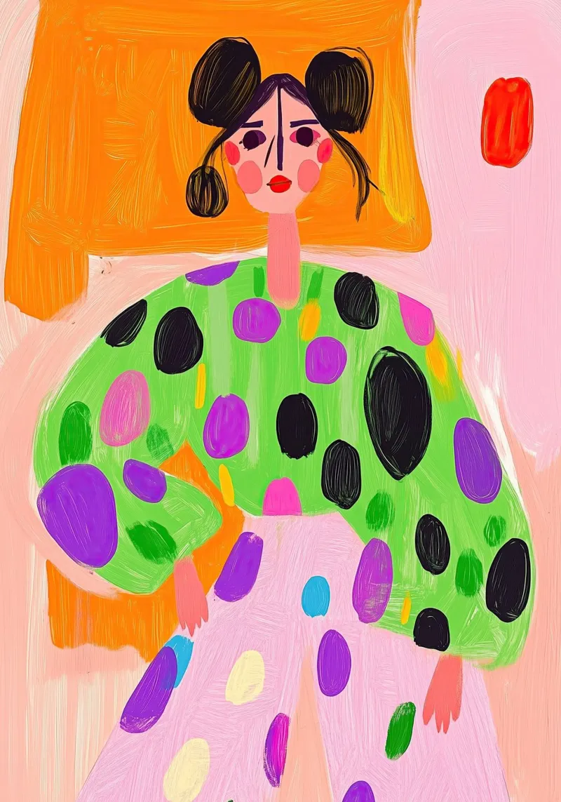 Portrait maximaliste à pois néon : Mode Pop Art vert et rose hahnemühle de dawnthesea