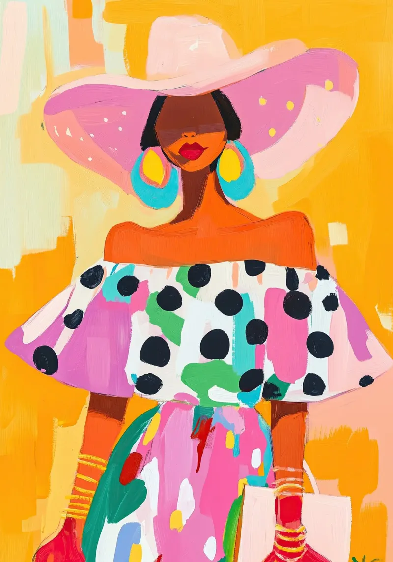 Ritratto pop art rosa e giallo: Cappello oversize e pois alluminio dibond da dawnthesea