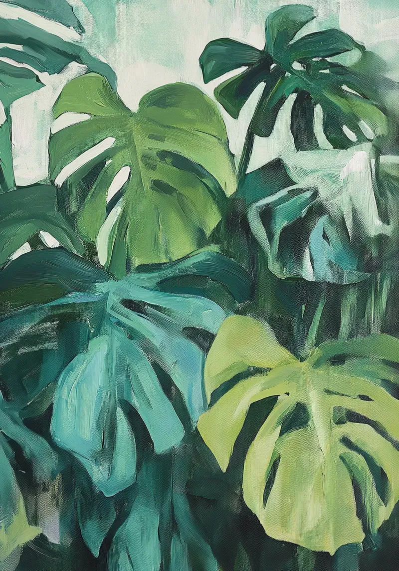 Botanisch Monstera Pflanze Grün Flora Ölgemälde Minimalismus Poster von Euphoria Theresa