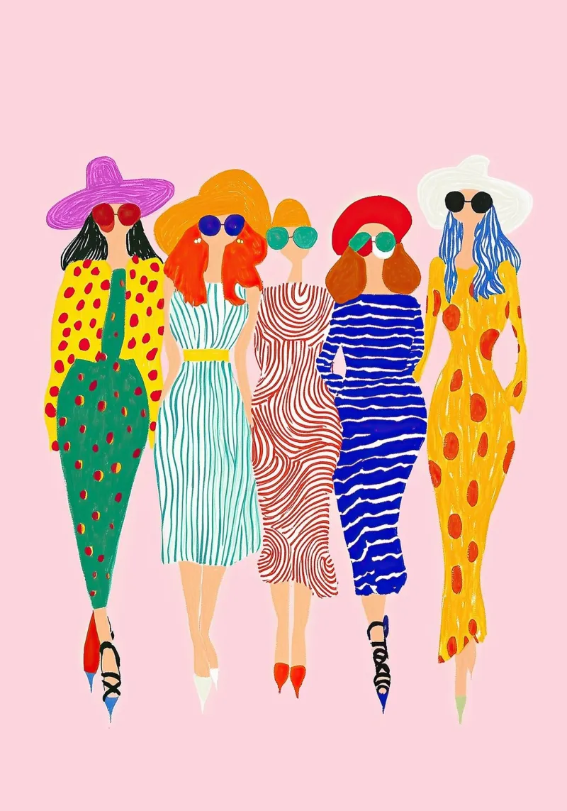 Retro Pop Diva Crew: Abstracte Polka Dot Streep Kunst canvas van dawnthesea