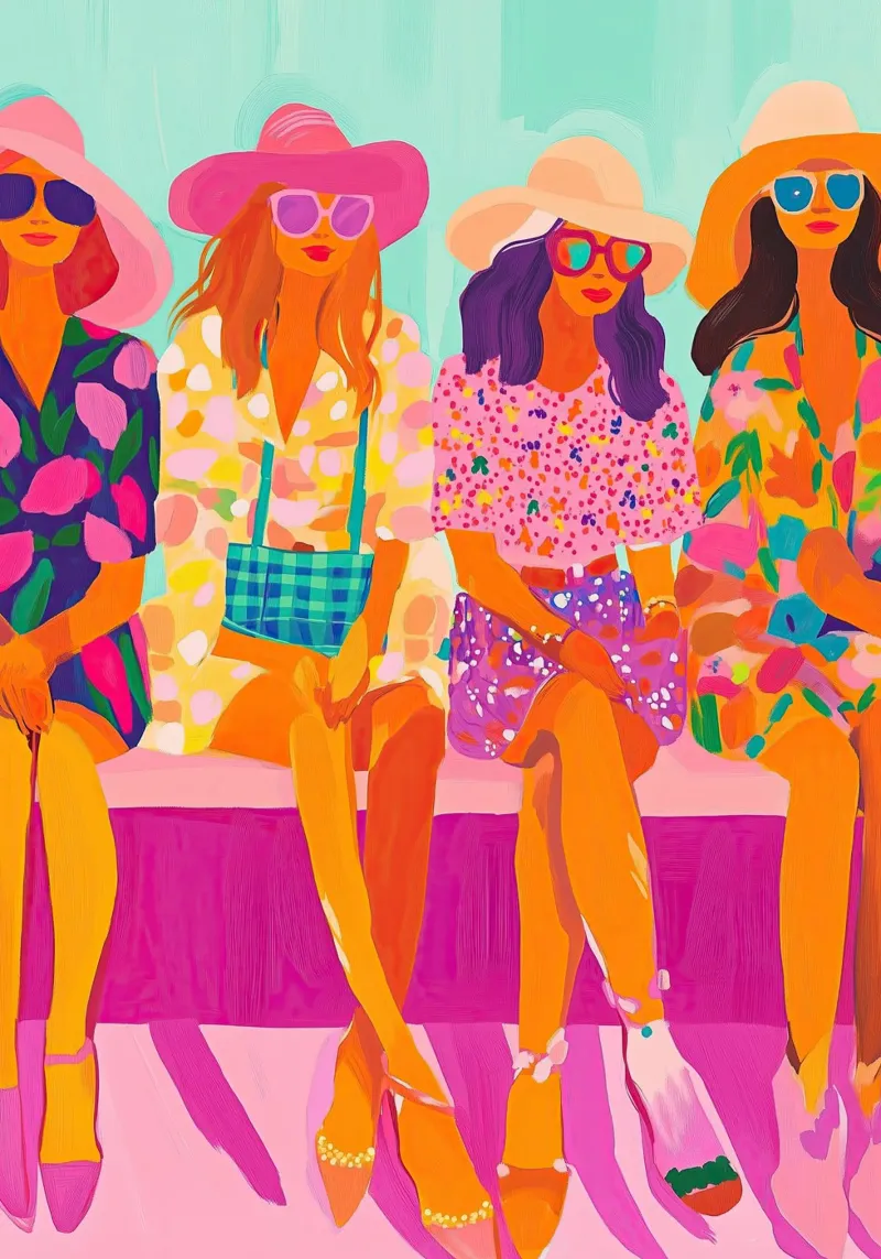 Groupe de filles assises : Imprimé de villégiature Pop Art vibrant hahnemühle de dawnthesea