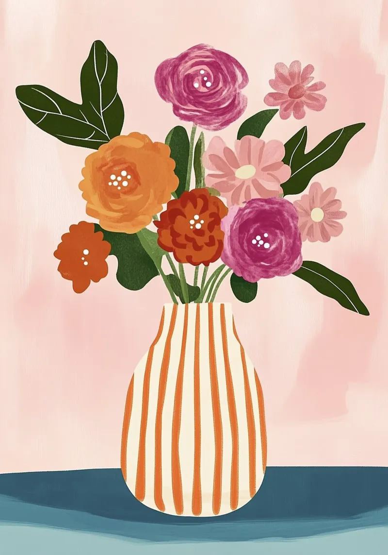 Fiori rosa e arancioni: vaso a strisce di metà secolo carta hahnemühle da dawnthesea