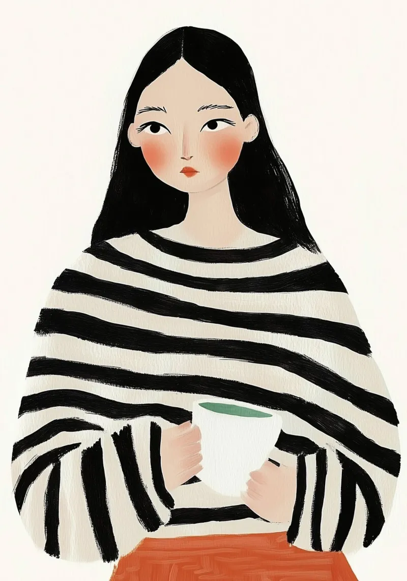 Gezellige Stripe Serenity: Minimalistisch Koffie Portret hahnemühle van dawnthesea