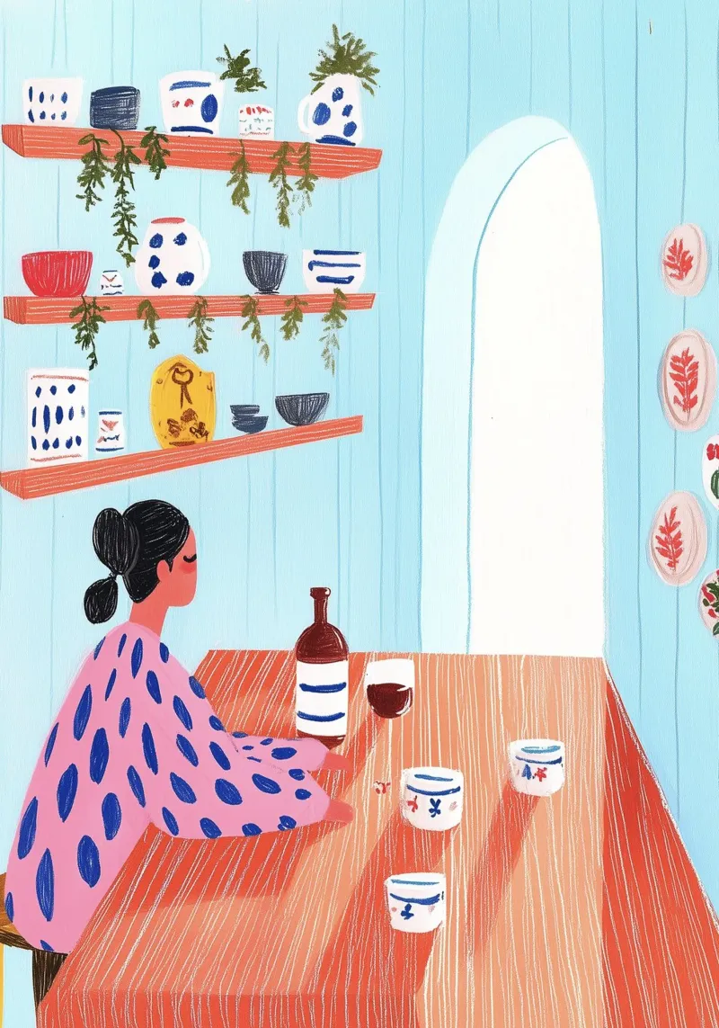 Cafécore eigenzinnigheid: Folk Art Vrouw Eethoek, Helder Boho Keramiek canvas van dawnthesea