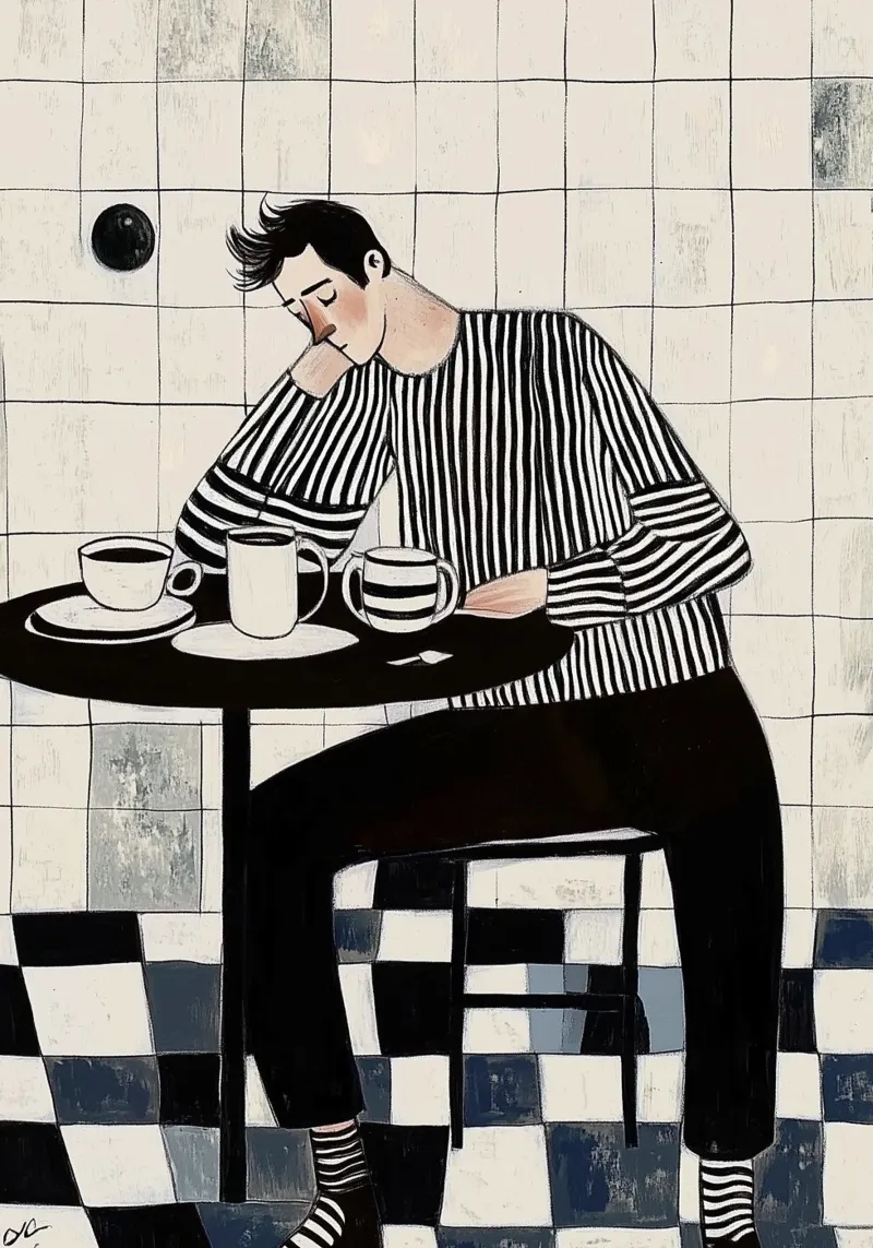 Monochrome stemming: man in gestreept overhemd, koffiebar hahnemühle van dawnthesea