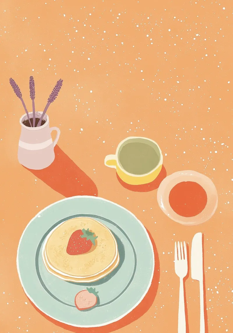Brunch a base di dopamina: Pancakes alla fragola e Flat Lay Art alla lavanda pannello forex da dawnthesea