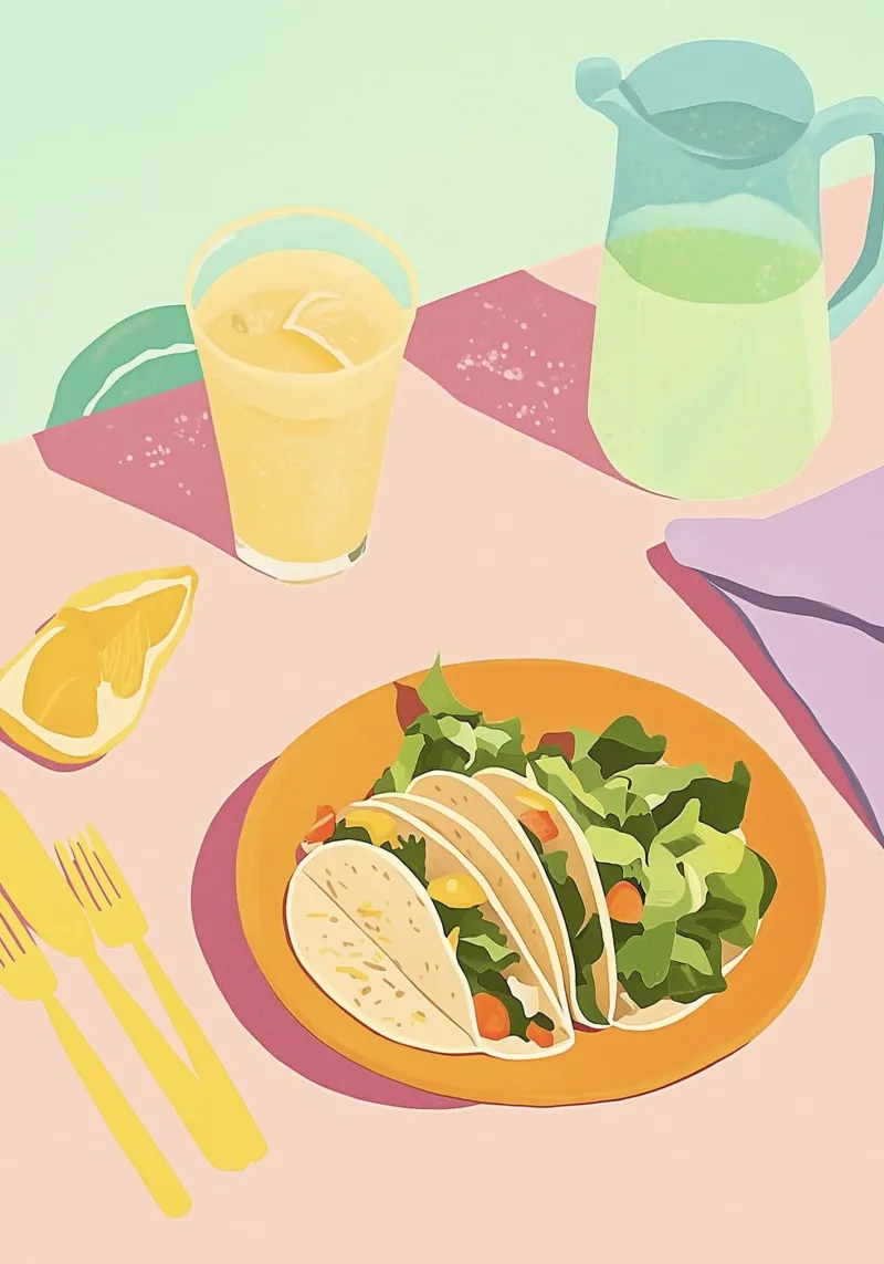 Martedì dei tacos: Piatto piatto alla dopamina rosa e arancione, Graphic Food pannello forex da dawnthesea