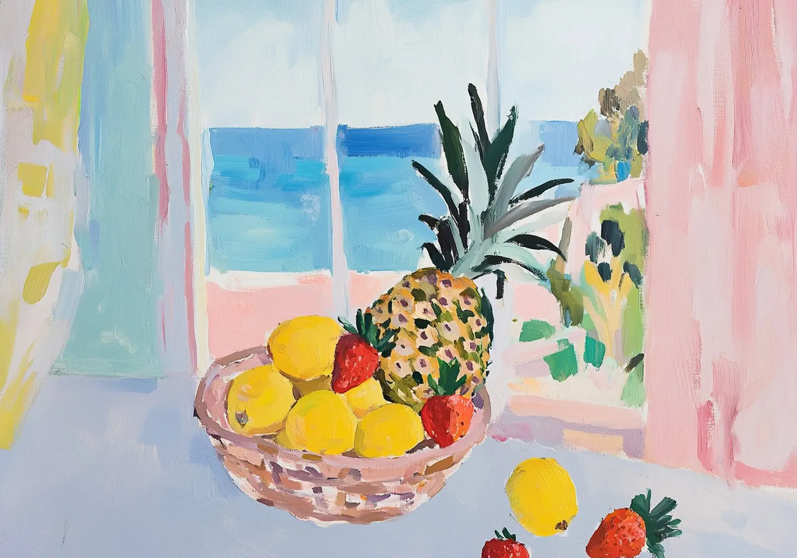 Cesto di frutta ananas limoni fragole gouache still life frutta carta hahnemühle da Euphoria Theresa