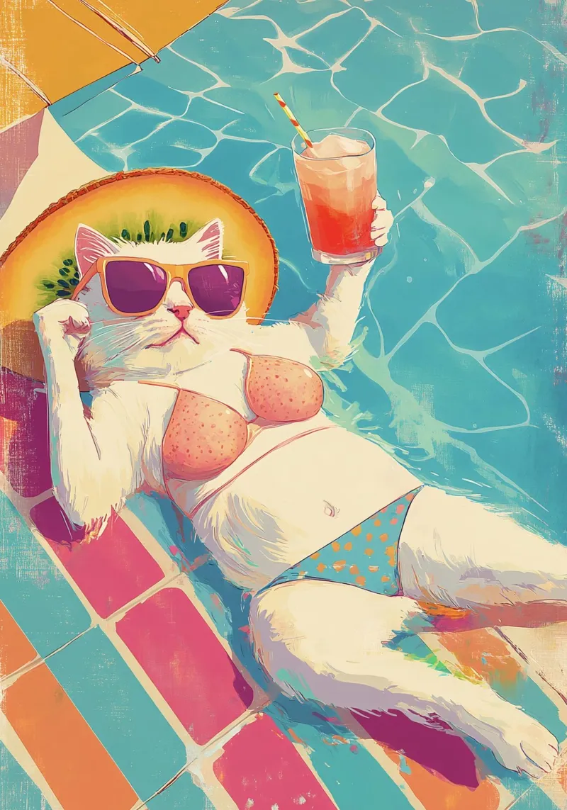 Bikini Cat Pool Float Funny Retro Summer Pop Art hahnemühle de dawnthesea