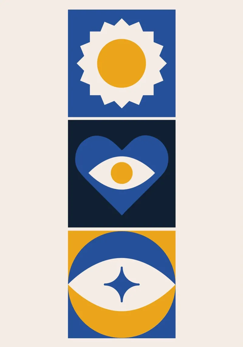 Triptyque abstrait Boho Bleu & Jaune Oeil Géométrique Coeur poster de Grungeo