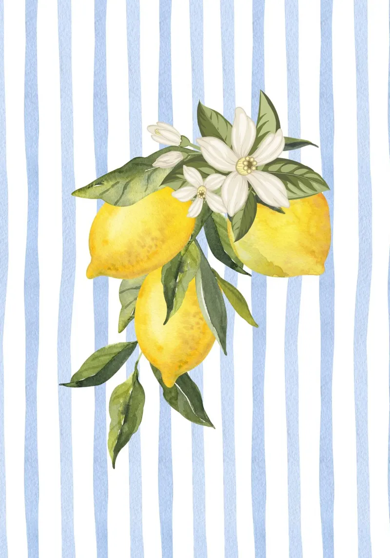 Maximalista Fiori di limone acquerello blu a strisce - Poster costiero plexiglass da dawnthesea