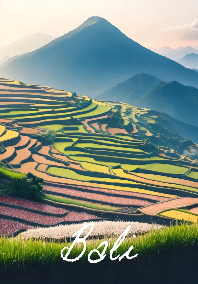 Voyage dans les rizières en terrasses de Bali poster avec cadre en aluminium de Charnwood Prints