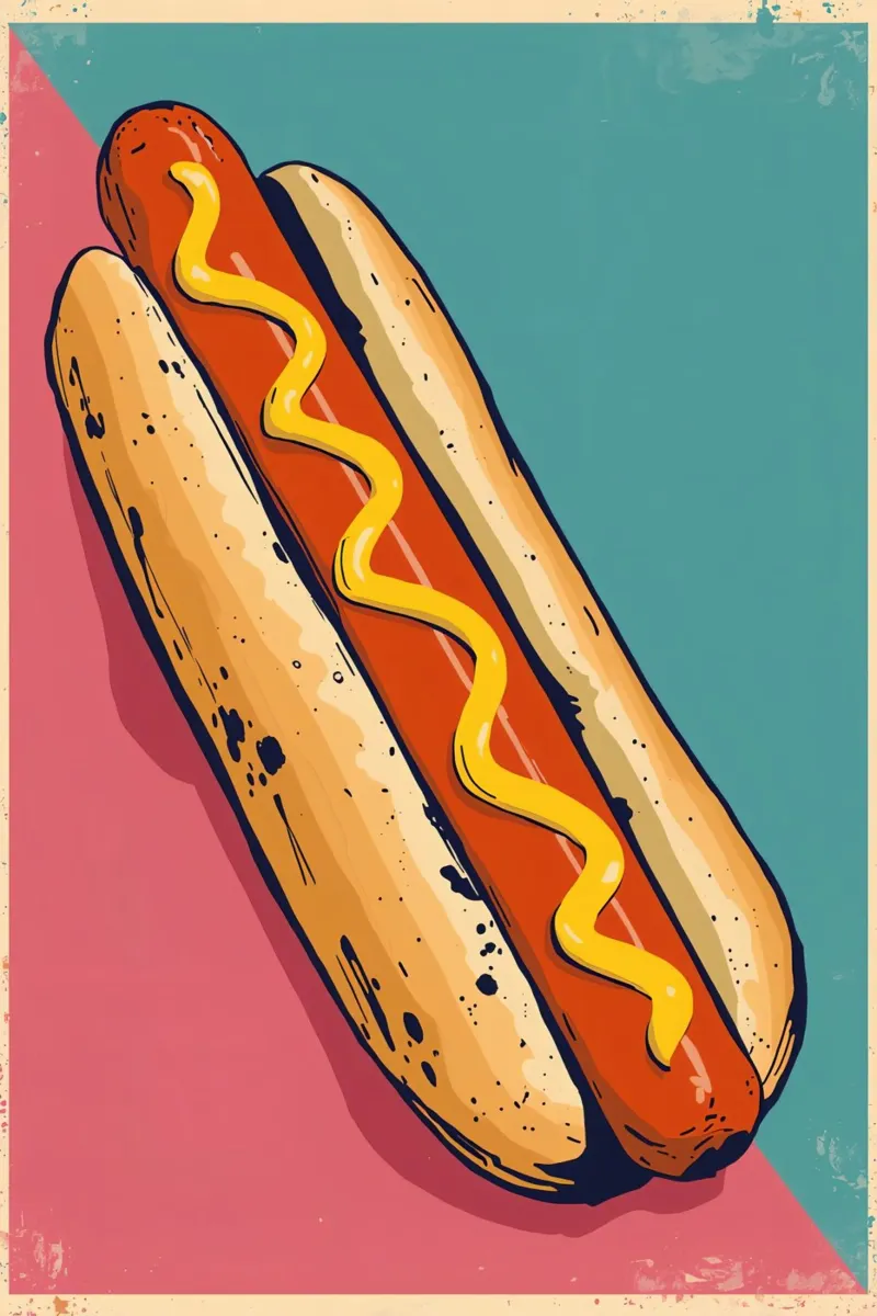 Perro caliente con mostaza sobre fondo de color hahnemühle de DesignDoodle