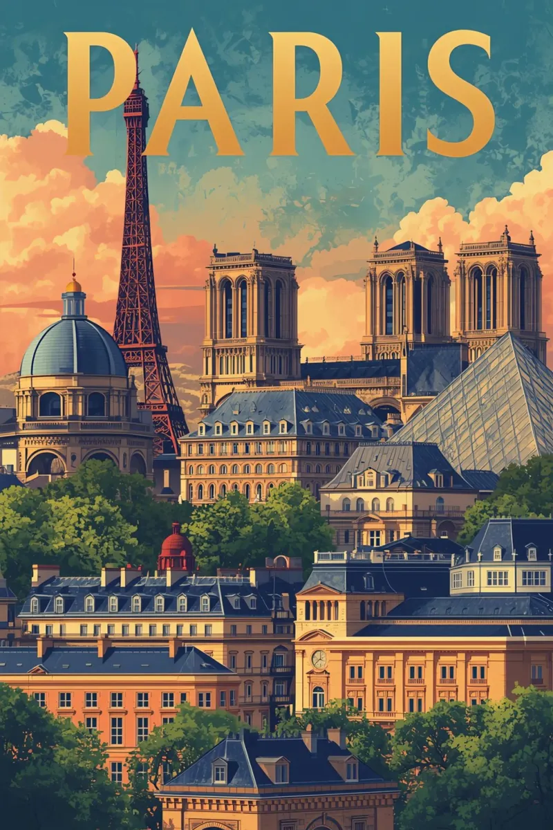 Paesaggio urbano di Parigi con Torre Eiffel e Notre Dame pellicola backlit da DesignDoodle