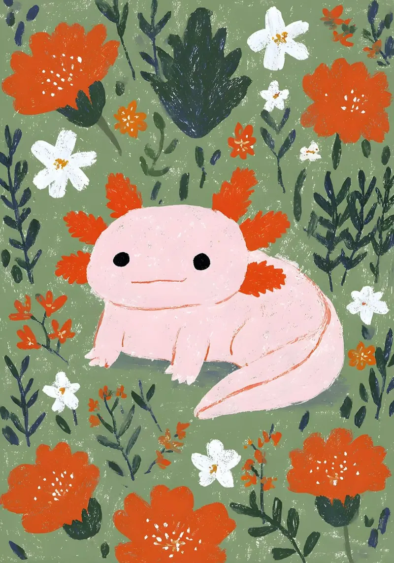 Axolotl in un giardino fiorito carta hahnemühle da Tory