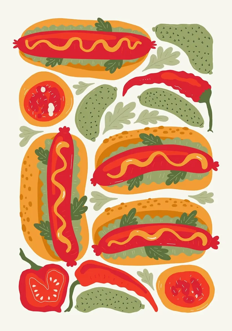 Ilustración de un perrito caliente metacrilato de bazi