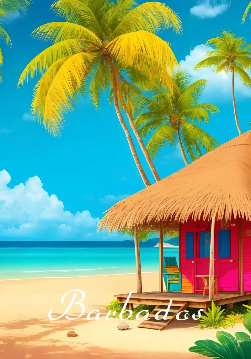 Scena della spiaggia di Barbados poster da Charnwood Prints