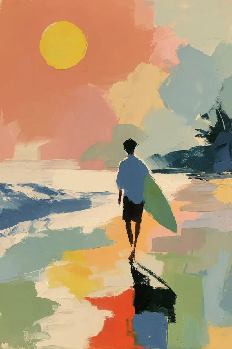 Surfer am Strand | Sommerkunst di metà secolo pellicola backlit da Nikis Art Studio