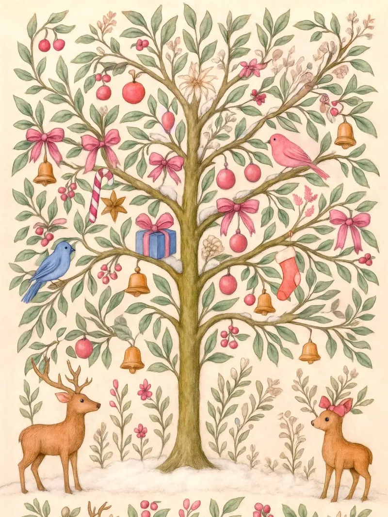 Stravagante albero di Natale rosa con cervi, uccelli e fiocchi pellicola backlit da GentleEchoes Dreamlight