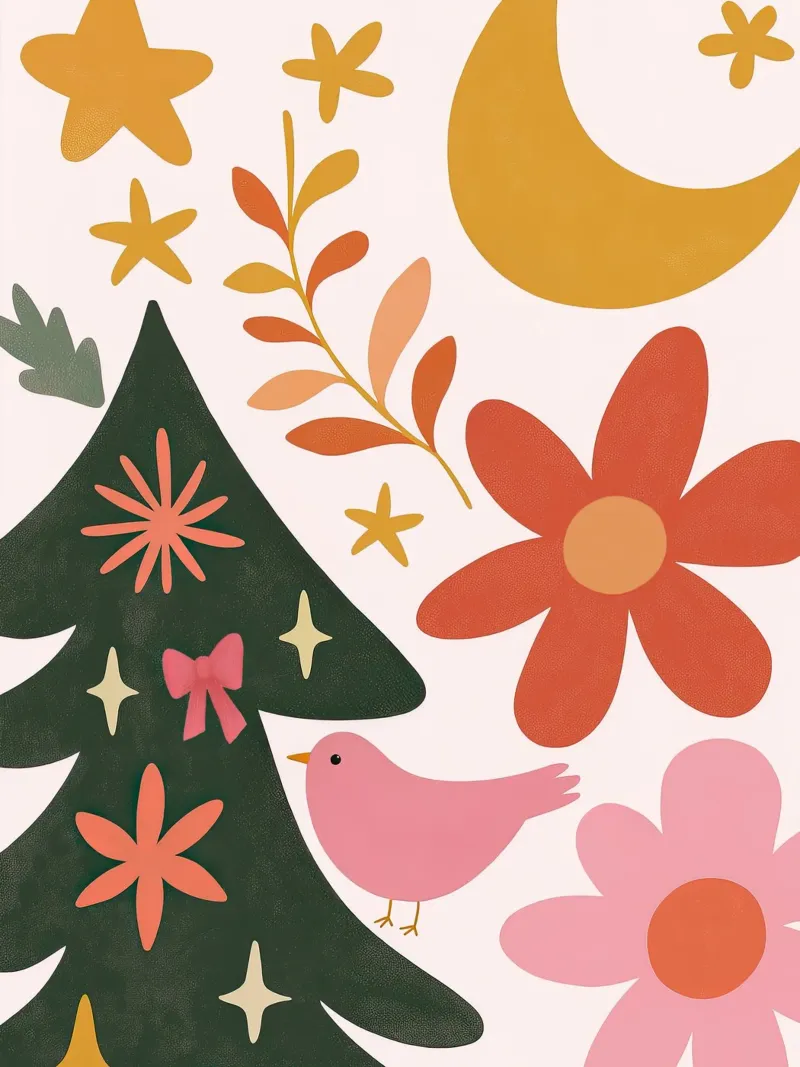 Sognante albero di Natale a forma di uccello rosa con luna, stelle e fiori pellicola backlit da GentleEchoes Dreamlight