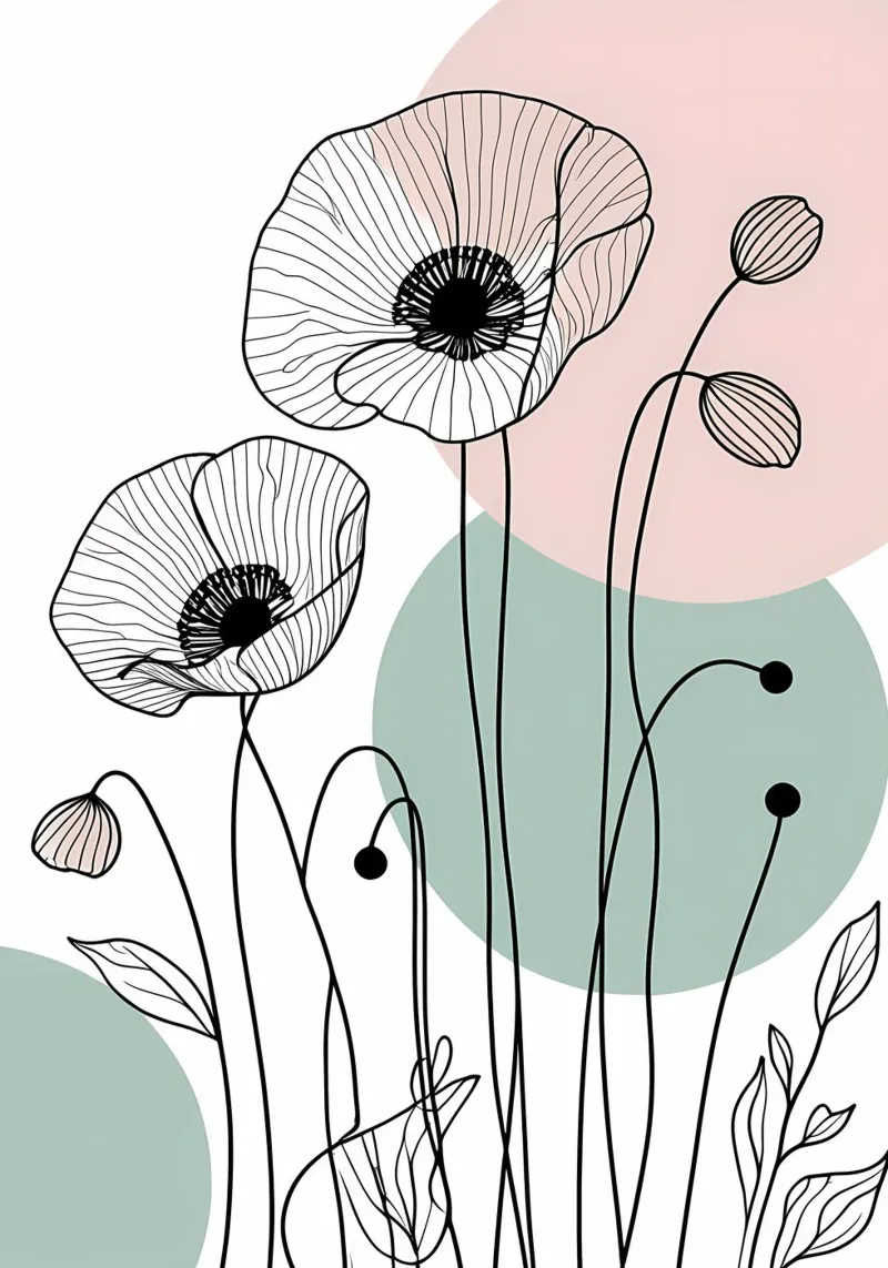 Minimalist Line Art Poppies with Soft Pastel Circles hahnemühle by Bloom And Brush