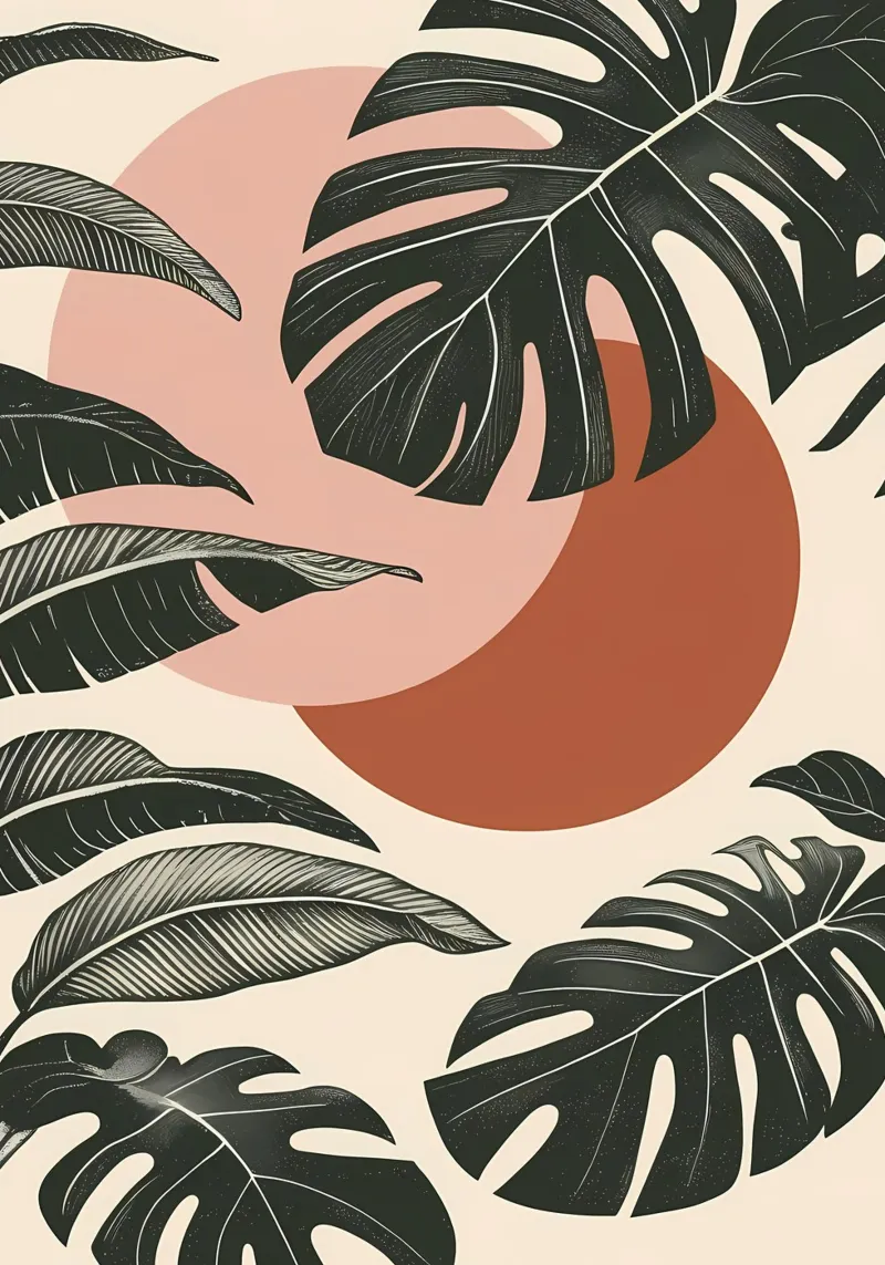 Foglie di Monstera tropicale con calde forme astratte di sole plexiglass da Bloom And Brush