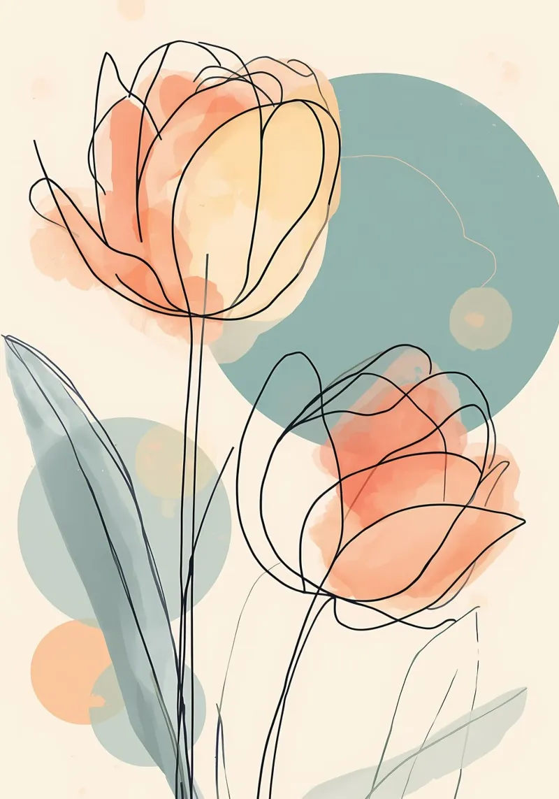 Line art astratte di tulipani con acquerello color pesca e verde acqua carta hahnemühle da Bloom And Brush