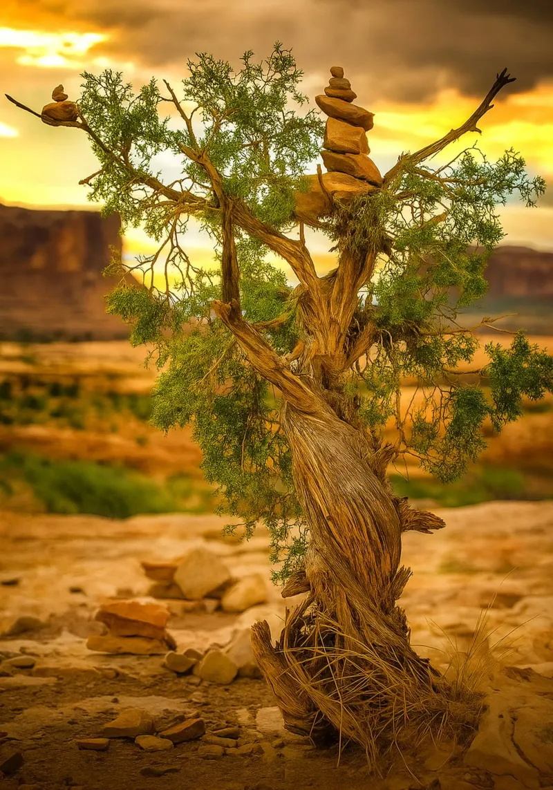 rock balancing on the tree canvas by tamarind