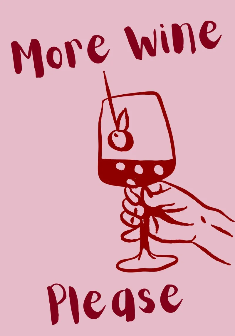 More Wine Please Illustrazione minimale in rosso e rosa alluminio dibond da The Art Club