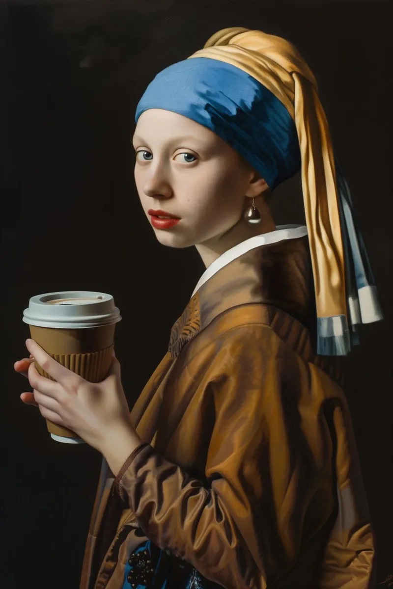 Pausa caffè per la ragazza con l'orecchino di perla plexiglass da Autofocus
