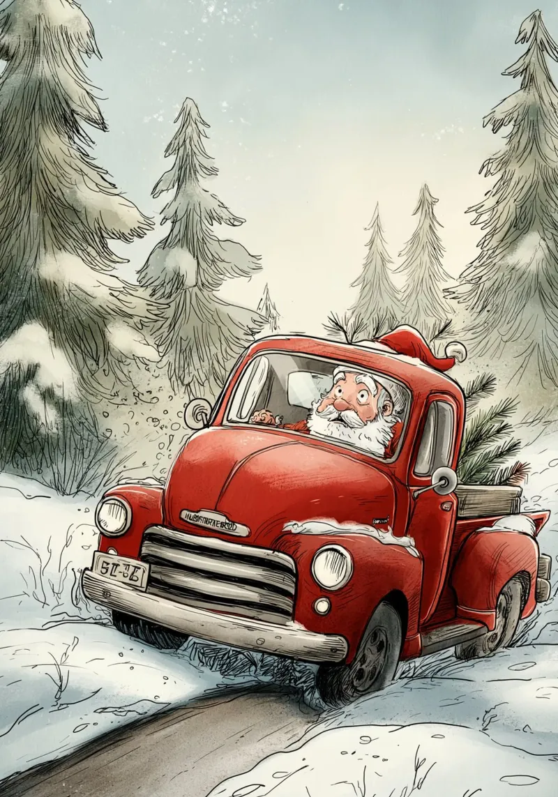 Babbo Natale alla guida di un camion rosso d'epoca in una foresta innevata Stampa natalizia carta hahnemühle da postaprinta