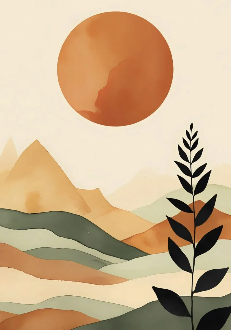 Paesaggio minimalista con sole e silhouette botanica pellicola backlit da Bloom And Brush